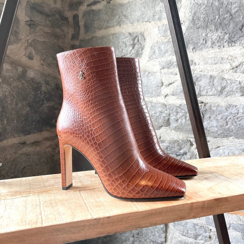 Jimmy Choo Brown Croc Embossed Minori Heeled Booties